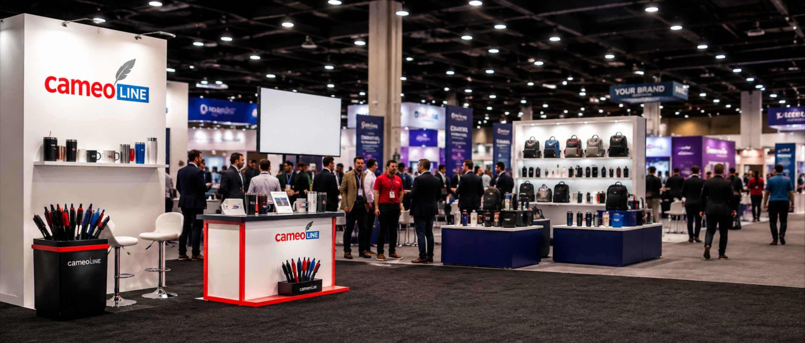 The Cameo Line stand at a promotional products trade show, with pens and drinkware on display.