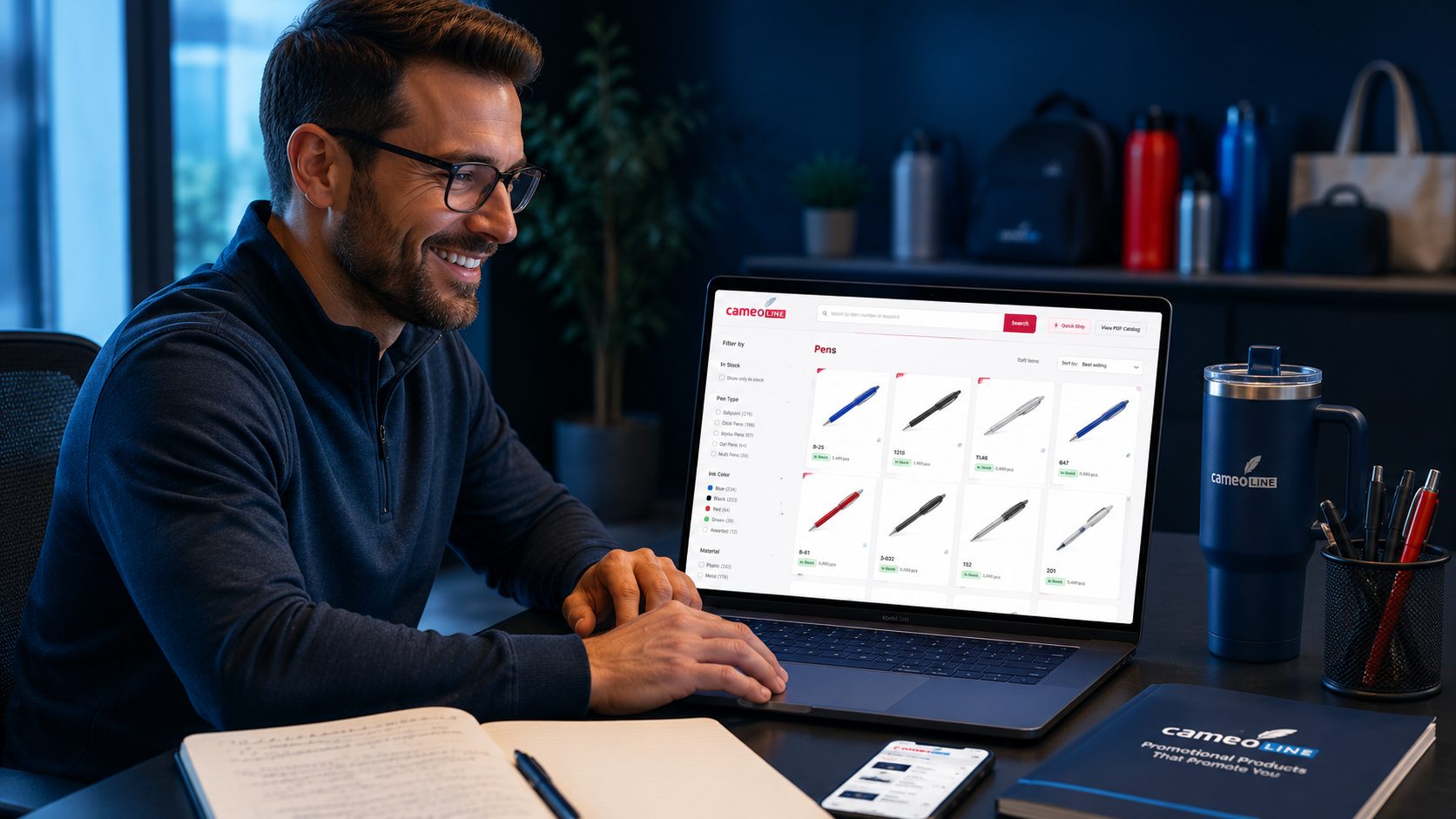 A buyer at a laptop browsing the Cameo Line pen catalog, with a branded tumbler and pens on the desk.