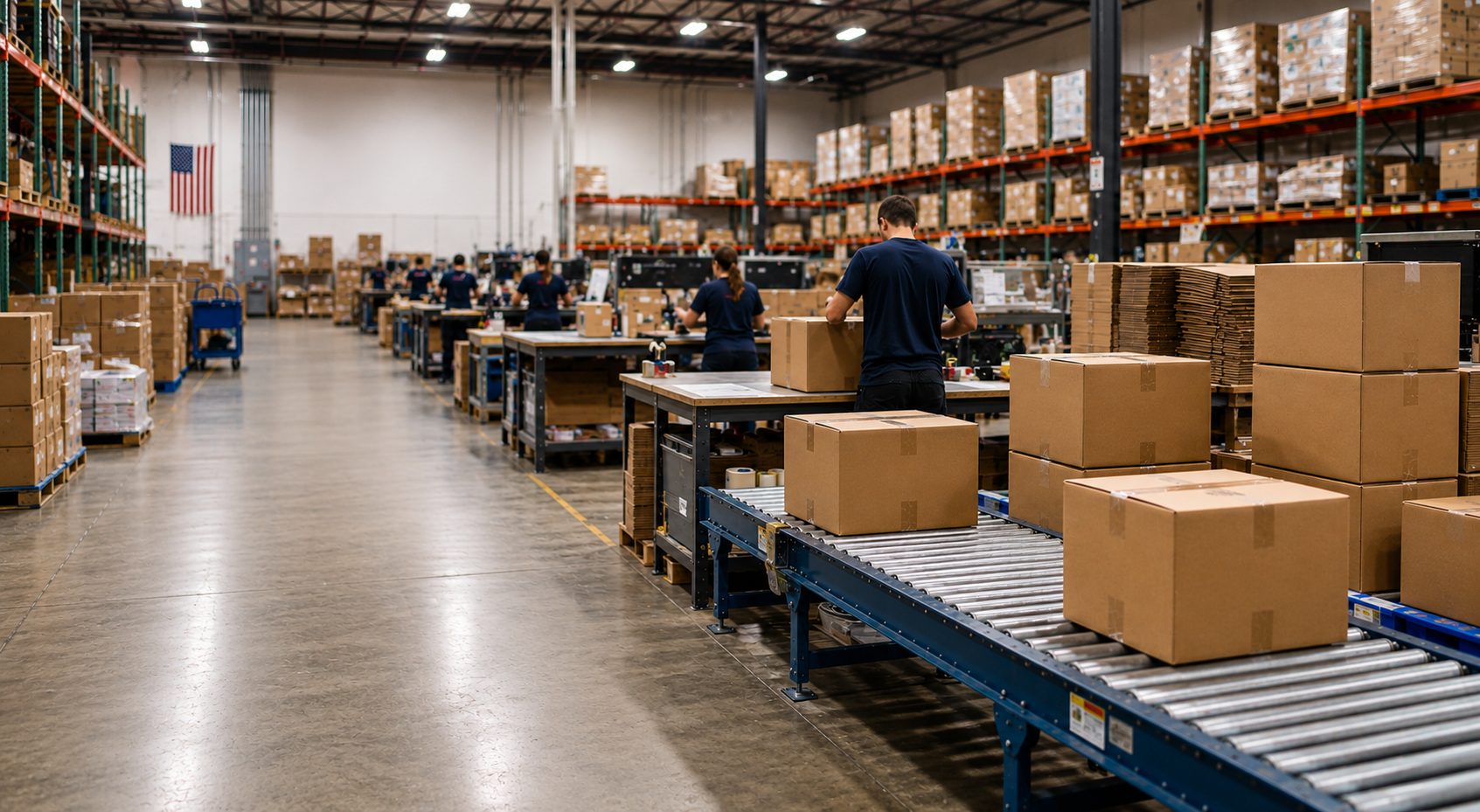 A warehouse packing line: staff boxing orders beside racked inventory and a roller conveyor.